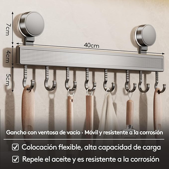 Kitchen Utensil Hooks with Suction Cup, Removable, Aluminum, 40 cm, 8 Hooks, No-Drill, Waterproof, 20 kg Capacity