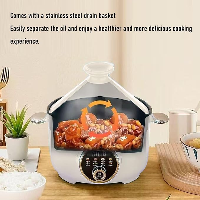 Haofy Electric Pressure Cooker 800W 3.2L Non Stick Multifunctional Cooking Pot with Stainless Steel Drain Basket for Low Sugar Meals Soup Porridge Hot Pot for Singles Small Families (US Plug 110V)