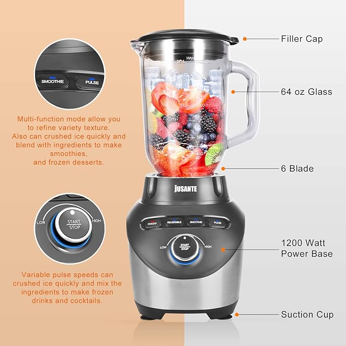 JUSANTE Blender with 64 oz Glass Jar - 1200W High Speed Juicer Blender for Smoothies, Shakes & Frozen Drinks (Black)