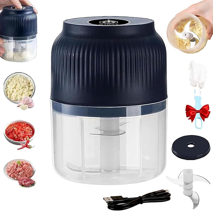 Household Electric Garlic Crusher, Rechargeable Mini Food Chopper with Stainless Steel Blades,One-Touch Portable Electric Garlic Mincer for Onion Ginger Chili,Small Food Processor for Kitchen (Blue)