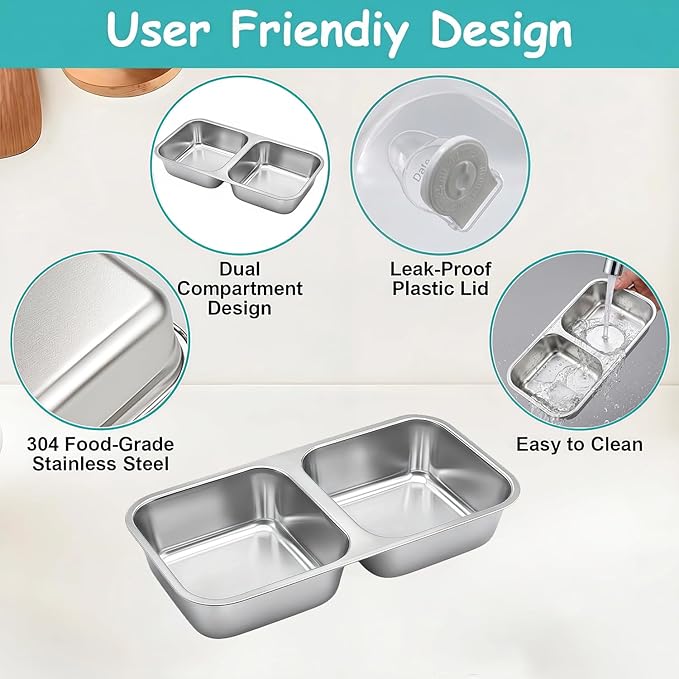 6 Pack Stainless Steel Snack Containers, 2 Compartment Reusable Metal Snack Boxes Containers with Leak-Proof Lids, Compact Lunch Box Food Storage Container