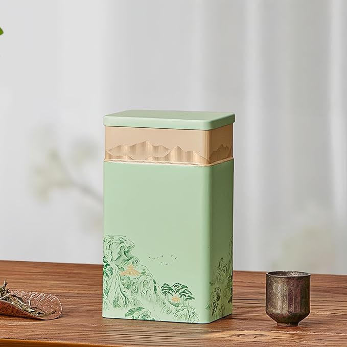 HAN SHENG Tea Canister, Airtight Storage Tin for Loose Leaf Tea & Bags, 8-Inch Decorative Metal Container with Oriental Mountain Design, Green