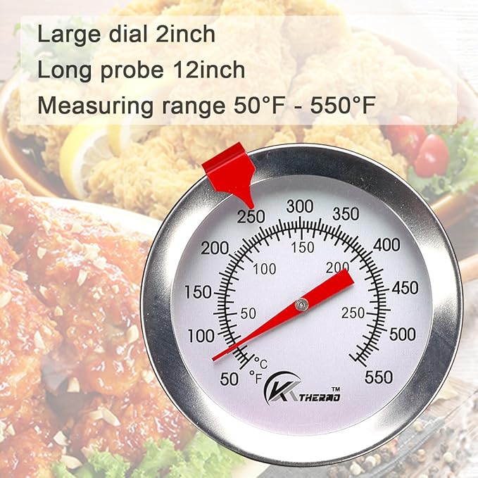 KT THERMO Candy/Deep Fry Thermometer with Instant Read,Dial Thermometer,12" Stainless Steel Stem Meat Cooking Thermometer,Best for Turkey,BBQ,Grill,Analog display