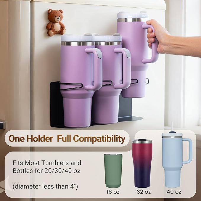Magnetic Cup Holder for Fridge, 2 Pack Water Bottle Organizer for Stanley Cup Accessories 20/30/40 oz, Wall Mount Tumbler Organizer for Space-Saving Kitchen Pantry Cabinet Storage-Black