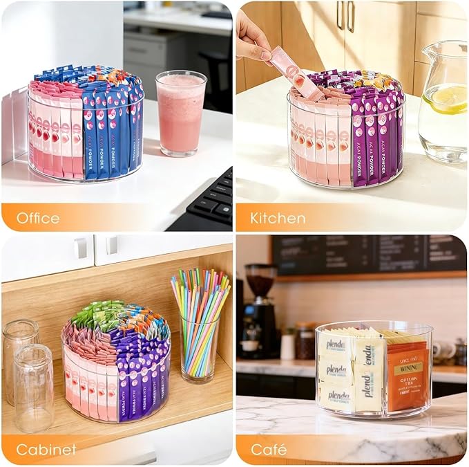 AIEVE Drink Packet Organizer, Lazy Susan 360° Turntable Organizer for Drink Mix Hydration Packets, Water Flavor Acrylic Container Tea Bag Holder for Kitchen Storage Organization