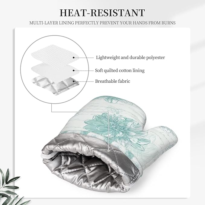 Oven Mitts and Pot Holders Dahlia Flower Pastel Vintage Silicone Kitchen Accessories Set of 4 Heat Resistant Long Gloves Potholder Non-Slip Grip for Chef Cooking Baking Grilling BBQ