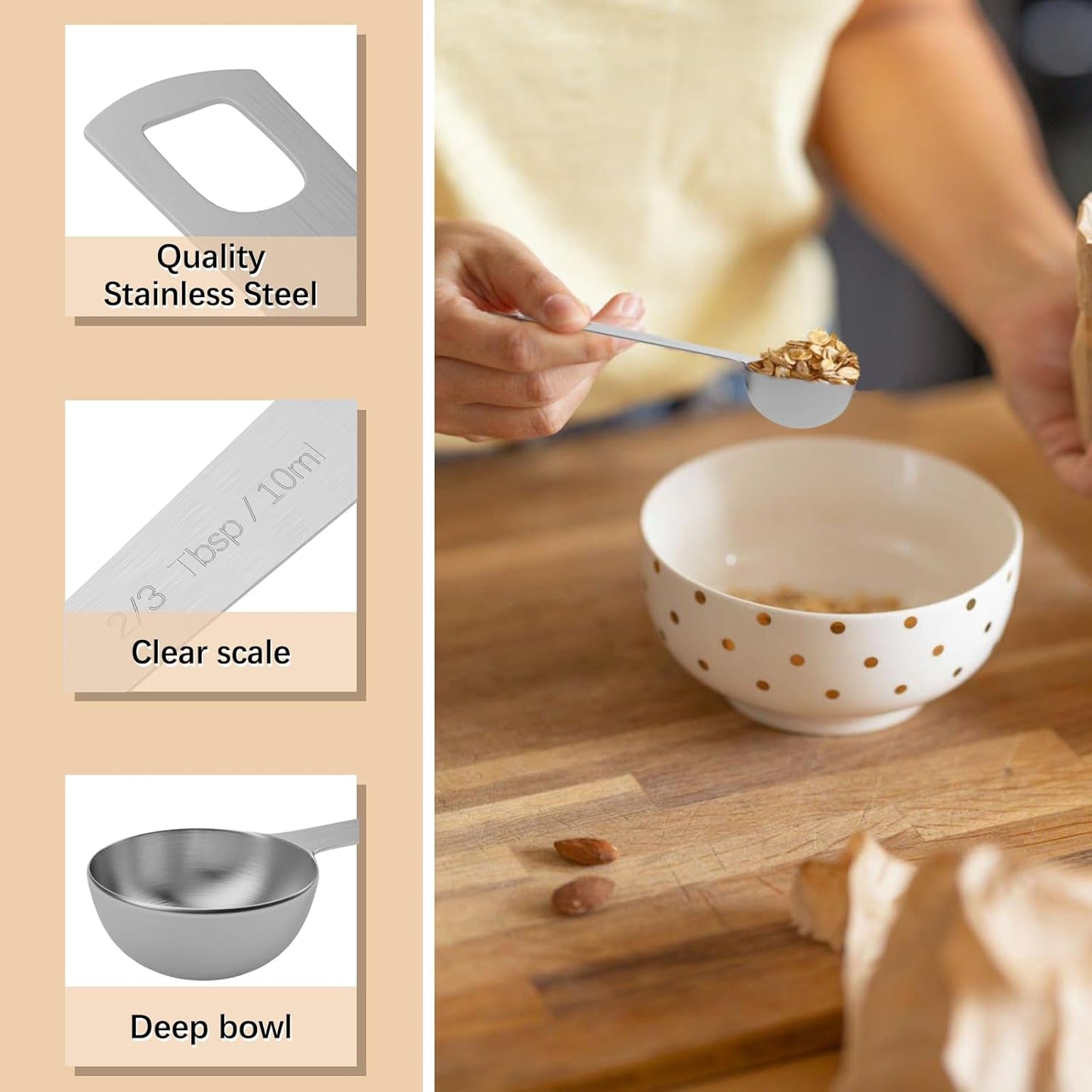 2PCS 2/3tbsp (2tsp, 10ml, 1/3oz) Single Measuring Spoon, Stainless Steel Individual Teaspoons Only