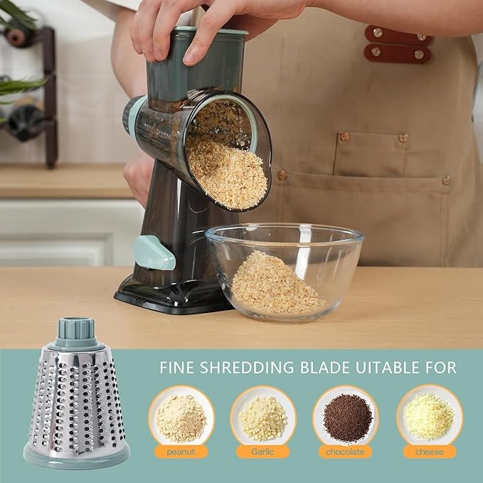 Rotary Cheese Grater Multi-Purpose Stainless Steel Shredder- Cheese Grater With handle Effortless Grating of Vegetables, Nuts and Fruits,with Suction Base and Cleaning Brush (blue)