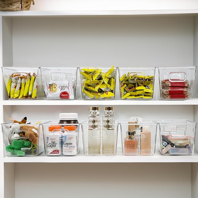 10 PACK Clear Storage Bins Clear Storage Containers for Kitchen Pantry Organization, Organizing Bins with Built in Handles, Cabinet Organizers