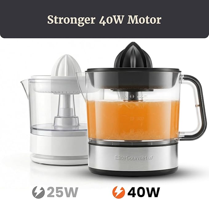 Elite Gourmet ETS623 BPA-Free 40-Watt Electric Citrus Juicer, Compact, Large Volume, Pulp Control, Oranges, Lemons, Limes, Grapefruits with Easy Pour Spout, 24oz, Black/Stainless Steel