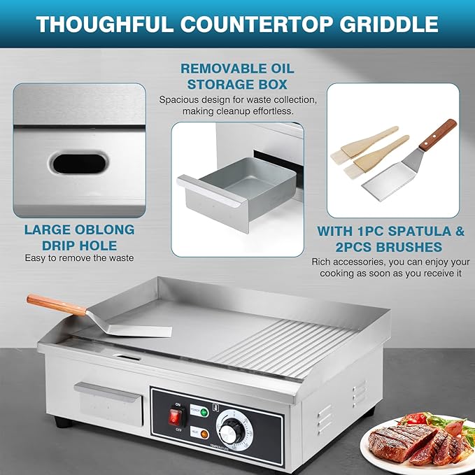 IRONWALLS Electric Griddle Nonstick 22 Inch, Stainless Steel Commercial Griddle for Indoor & Outdoor, 2-IN-1 Half Flat Top Griddle Grill for Restaurant & Home, 122℉-572℉ Adjustable Temperature