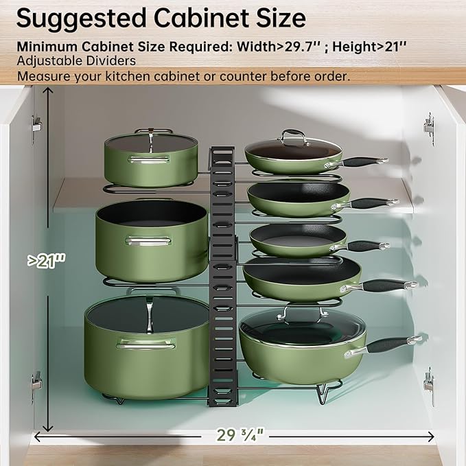 MUDEELA Pots and Pans Organizer Rack under Cabinet 8-Tiers Adjustable Pot Rack with 3 DIY Methods, Expandable 11.65'' to 19" Pot Lid Organizer for Kitchen Pantry Cabinet Organization and Storage