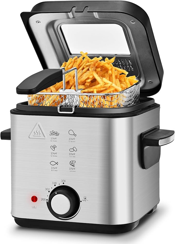 PUKOMC Electric Deep Fryer, 1.5 Liters/1.6 Qt. Oil Capacity, Small Deep Fryer with Basket for Home Use, Cool Touch Sides Easy to Clean, Nonstick Basket