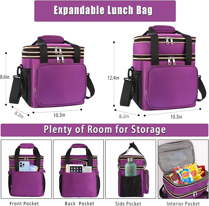 GLENKEY Versatile Lunch Box Cooler Bag - Expandable Insulated Lunch Bag Tote for Women - Large Lunchbox for Adults Work Office Outside Trips Purple 16L