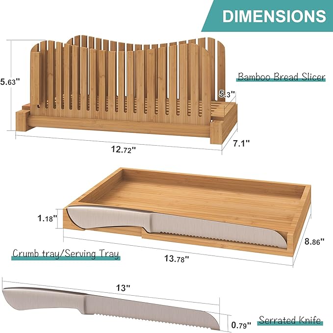 Bamboo Bread Slicer with Serrated Knife, Adjustable Guide for 3 Thickness Sizes, Foldable Chopping Board with Crumb Tray, Great for Homemade Bread, Cakes, Bagels