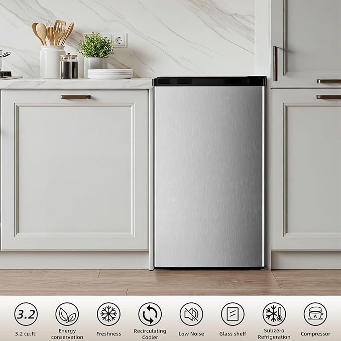 Antarctic Star 3.2 Cu.Ft.Compact Refrigerator with Freezer, Mini Fridge Single Door with Adjustable Thermostat,Removable Glass Shelves for Apartment,Dorm,Office,Kitchen，SILVER