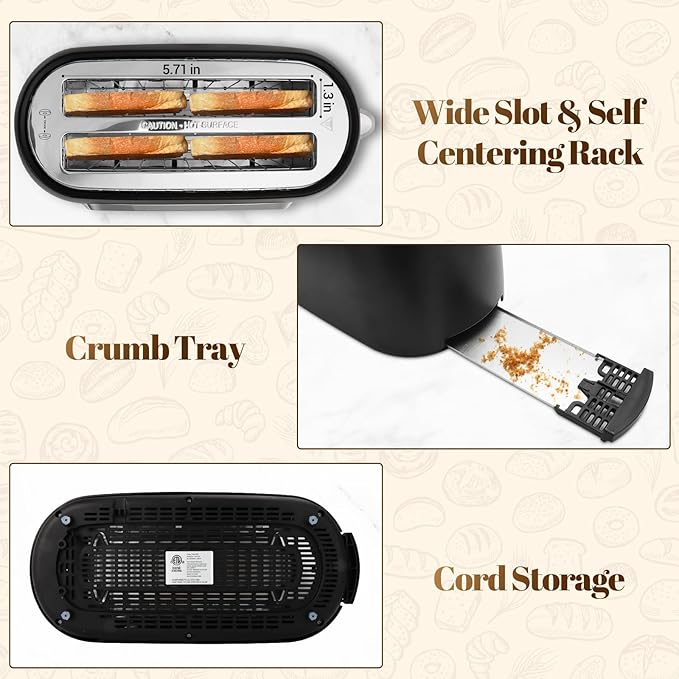 Tesslux 4 Slice Toaster with Touch Screen Control, 1.5" Wide Long Slots, 6 Browning Levels & 6 Bread Types, Digital Timer, Memory, Defrost, Reheat (BLACK)