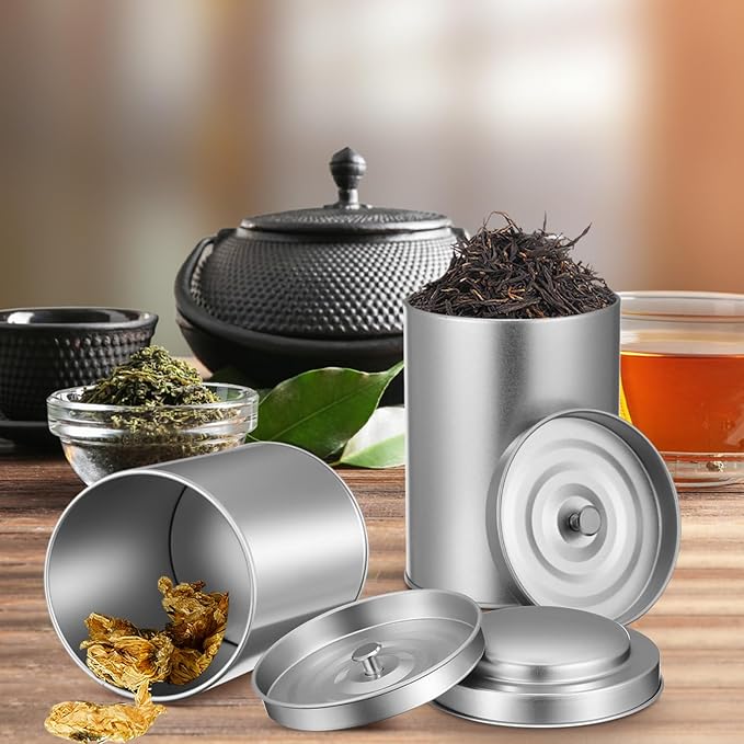 Meanplan 12 Pcs Tea Tin Canister with Airtight Double Lids Round Tin Can Box Small Kitchen Tea Canister Loose Leaf Storage Containers for Loose Bags Coffee Sugar Candy Spices(Silver,16 oz)