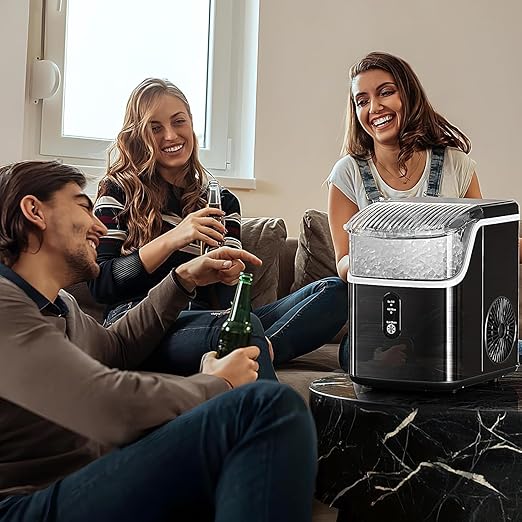 Antarctic Star Nugget Ice Makers Countertop, Portable Ice Machine with Ice Scoop & Basket, 34Lbs/24H, Self-Cleaning, One Click Operation for Camping/RV/Party (Stainless Steel Black)