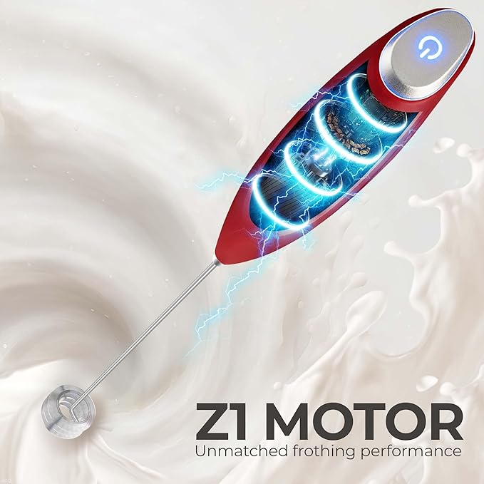 Zulay Kitchen Patented Tornado Triple Whisk Milk Frother with 4 Duracell Batteries – Handheld Foam Maker for Coffee, Lattes, Matcha & Hot Chocolate – Rich, Creamy Froth in Seconds - Cardinal Red