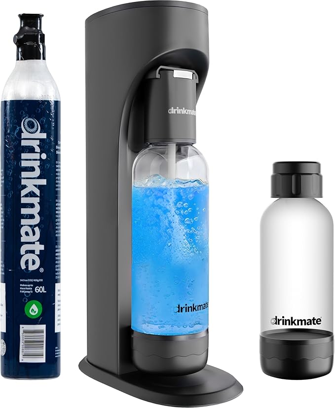 Drinkmate OmniFizz Sparkling Water Maker & Soda Streaming Machine | Carbonates Any Drink | SPECIAL BUNDLE | Includes 60L CO2 Cartridge + Two BPA-Free Bottles (Matte Black)