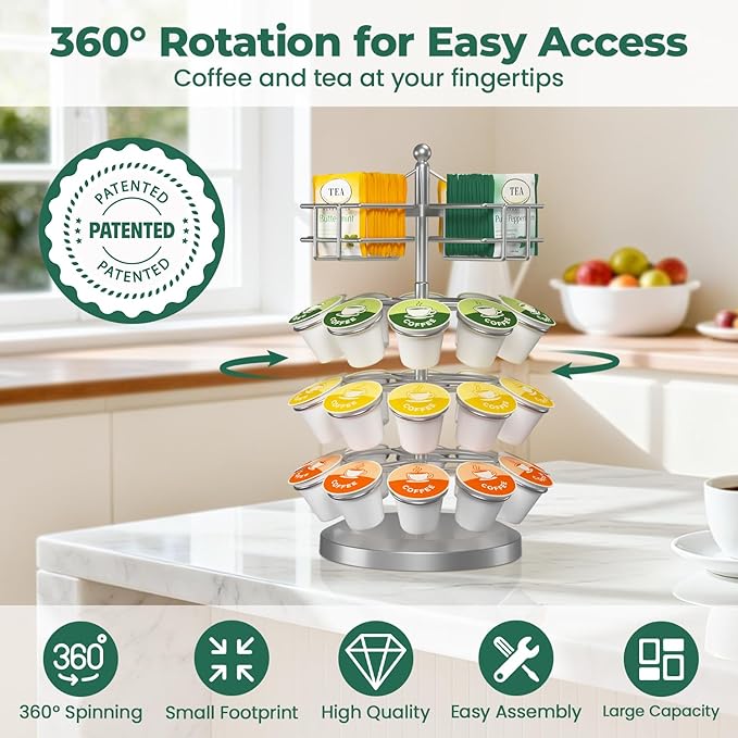 EsLuker.ly K Cup Holder Coffee Pod Organizer Carousel for Countertop, Rotatable Metal 4-Tier Storage Rack Stand for 30 K Cups & Tea Bags, Convenience Meets Elegance, Silver