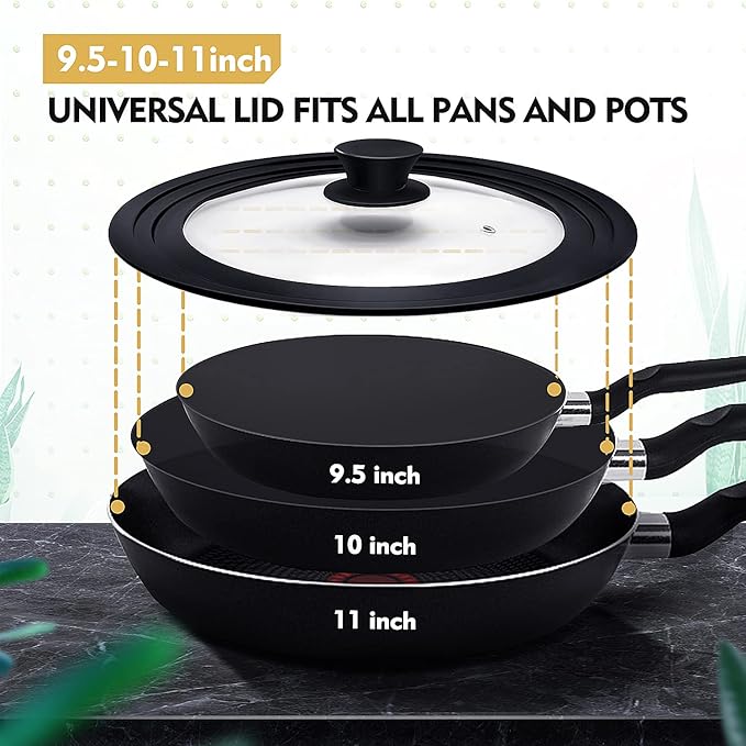 Ydeapi Universal Lid for Pots, Pans and Skillets, Pot Lid With Heat Resistant Silicone Rim and Tempered Glass,Fits 9.5", 10", 11" Diameter Pots and Pans