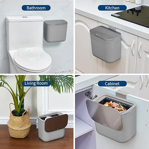 Hanging Kitchen Trash Can with Lid - 1.8 Gallon Small Compost Bin for Cabinet Door, Under Sink - Odor-Sealing Stainless Steel Top Food Waste Bin for RV, Bathroom, Office - Indoor Recycling Bin
