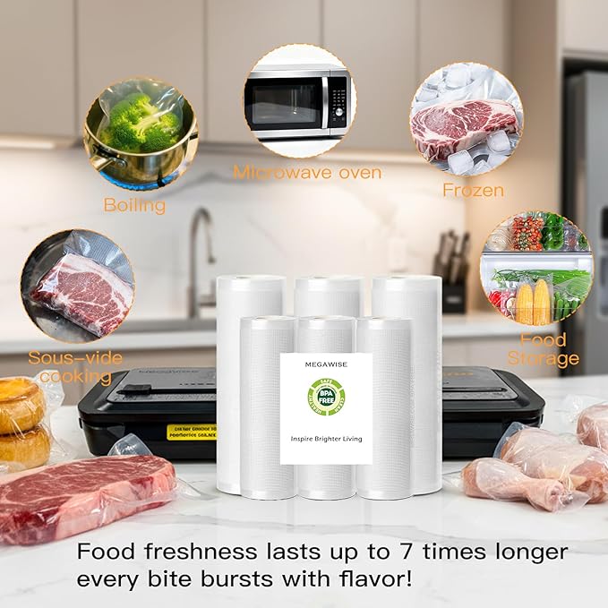 MegaWise 3 Rolls of Vacuum Sealer Machine Bags, 8 inch wide and 21.6 Feet Long for Megawise & other brand vacuum sealers Perfect for Meal Prep and Sous Vide Cooking