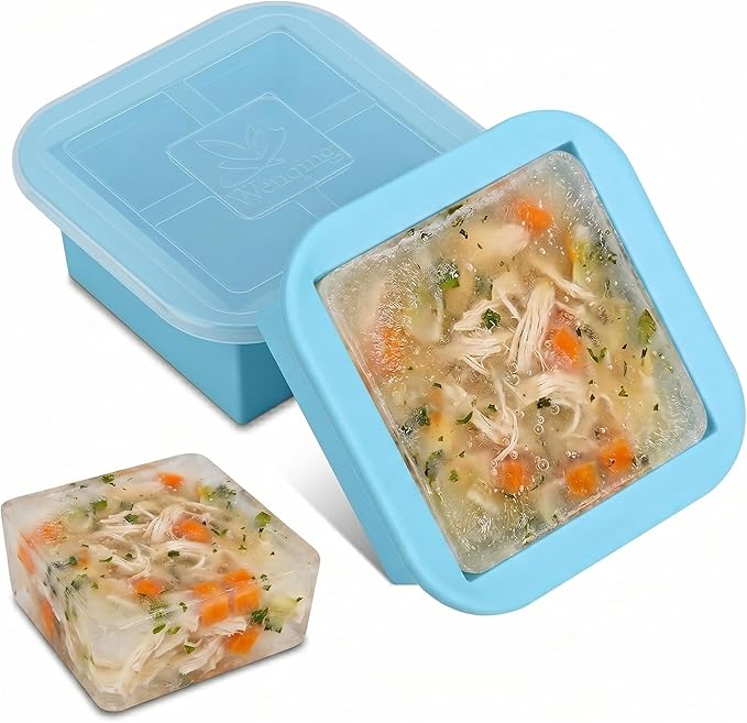 Silicone Freezer Tray with Lid 2 Pack Silicone Freezer Molds Ice Cube Tray Makes 2 Perfect 2 Cup Portions Soup Cubes Meal Prep Containers- Oven & Dishwasher Safe
