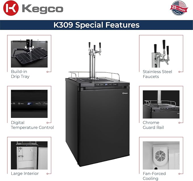Kegco Kegerator 24" Wide Triple Tap Black Digital Beer Dispenser K309B-3