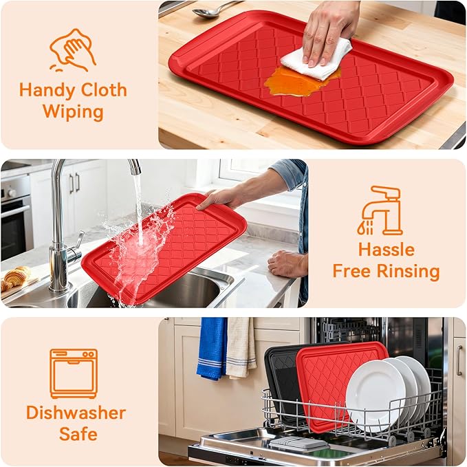 Serving Trays for Party - Set of 2, Large Serving Platters for Raw and Cooked Food, Dishwasher Safe, 17×10.5-inch Stackable Plastic Party Supplies for Grilling, BBQ, Meal Prep (Red, Black)