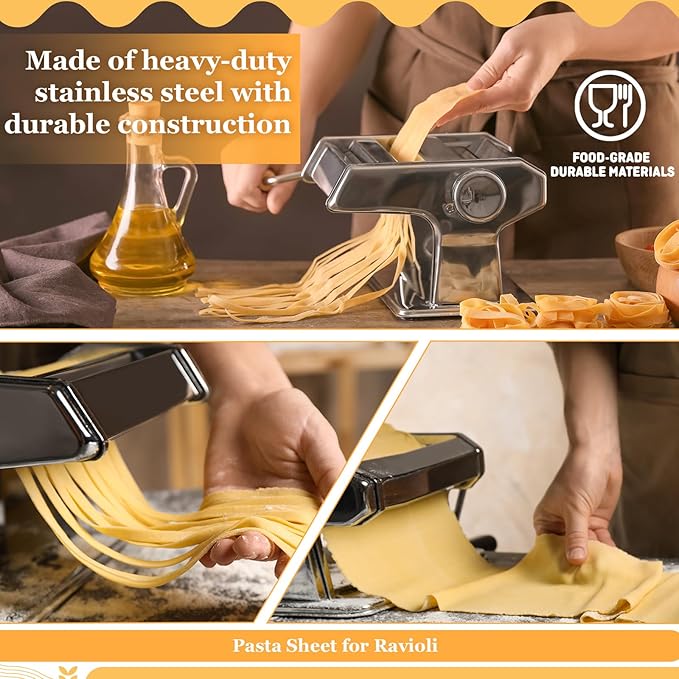 Hushee 8 Pcs Pasta Maker Machine Set Including Stainless Steel Noodle Maker Machine Wood Pasta Drying Rack Ravioli Stamp Maker Cutter with Pasta Cutter Wheel Mini Rolling Pin Cleaning Brush