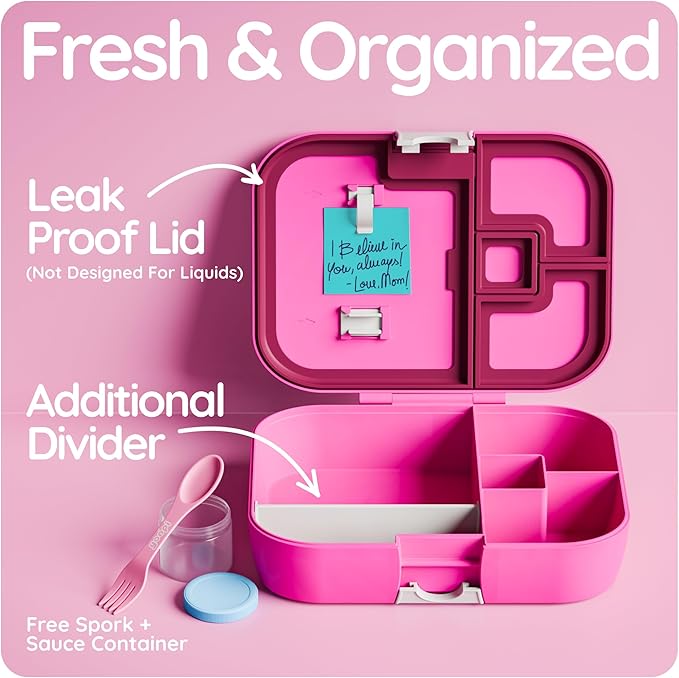 YOOPI Lunch Boxes for Kids–Toddler Bento Box with 4 Leakproof Compartment Food Bentobox Container,Lunch Box for School with Lunchbox Containers, Lightweight Sandwich Box & Snack Box (Fuchsia)