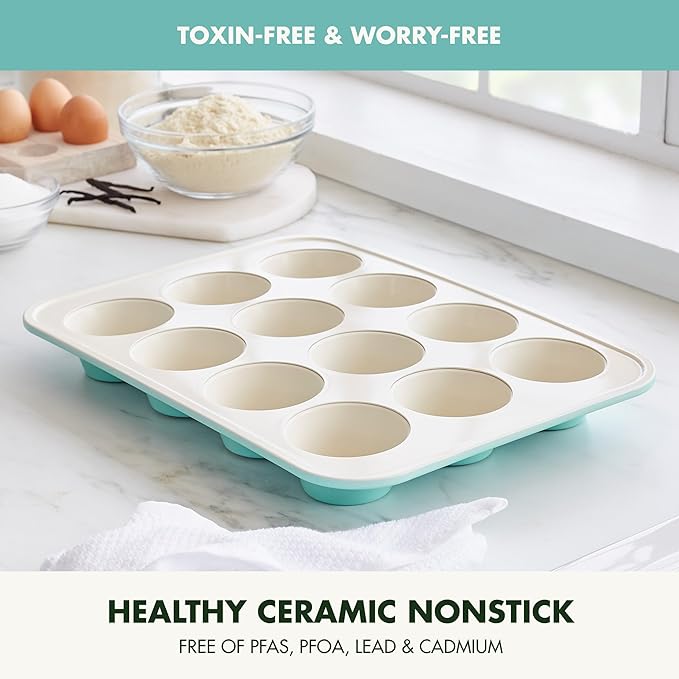 GreenPan Bakewell 12-Cup Muffin Pan, Healthy Ceramic Nonstick Bakeware, PFAS-Free Cupcake Mold, Durable Baking Tray, Versatile Kitchen Essentials, Easy Clean Ovenware, Turquoise