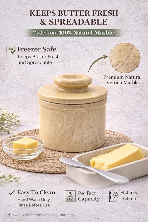 Verona Marble Butter Keeper - 4" French Butter Crock with Lid - Freezer Safe Stone Butter Dish - 90ml/3oz Capacity - Handwash Kitchen Storage