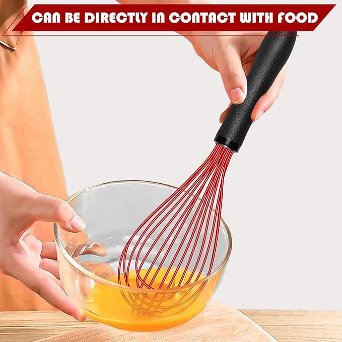 TEEVEA Silicone Whisk Non Scratch Wisking Tool, Metal Wire Stainless Steel Whisk - Small Mini Heat Resistant - Black & Red, 11-Inch