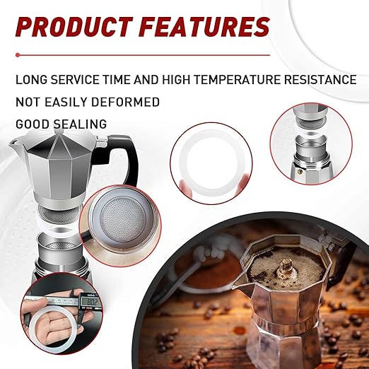 6 Pcs Gasket Seal Rings for Bialetti Moka Express Dama 9 Cups - Spare Food Grade Silicone Sealing Rings for Aluminium Stovetop Coffee Maker Pots (Better Than Rubber)