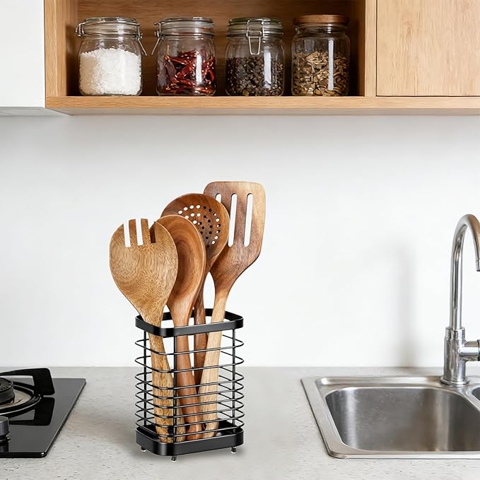 Utensil Holder, Stainless Steel Utensil Drying Rack for Kitchen Counter, Silverware Cutlery Flatware Holder Forks, Knives, Spoons, Chopsticks Organizer (Black)