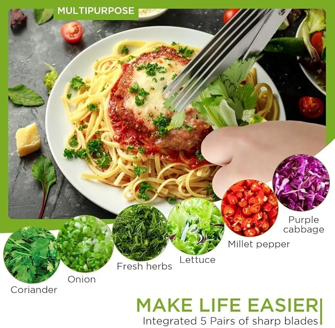 Herb Scissors Salad Scissors, Upgrade Herb Scissors with 5 Blades and Cover + 2 Brush, Kitchen Salad Scissors with Herb Stripping, Multi Scissors Herb Cutter, Smart Cutter Food Scissors Chopper, Black