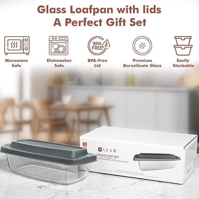 Razab LARGE 7.6 Cups/1800 ML/1.9 Qt Glass Loaf Pan with Lids - Meatloaf Pan BPA free Airtight Lids Grip Handle Easy Carry, Microwave and Oven Safe - Loaf Pans For Baking Bread, Cakes, Glass Loaf Pan