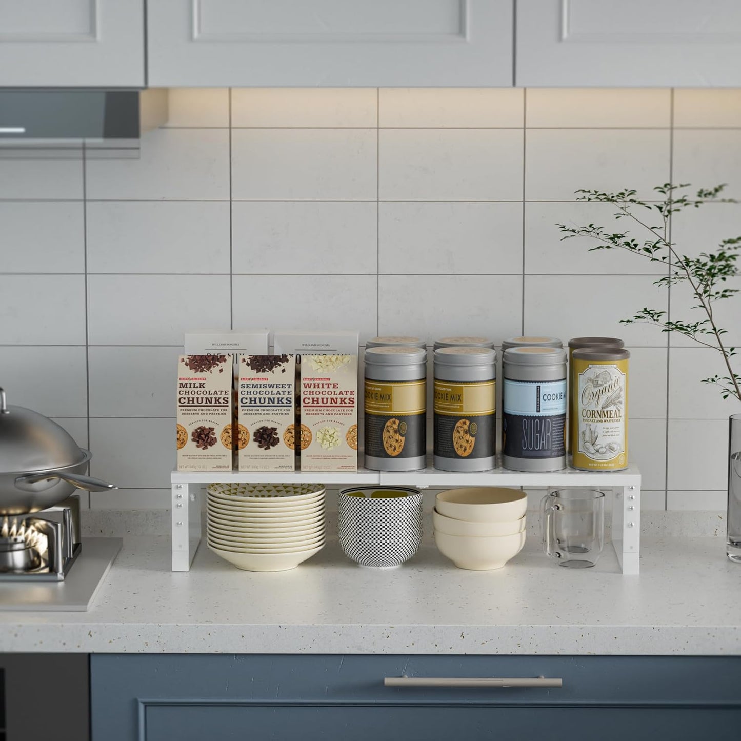 Expandable Spice Rack Kitchen Cabinet Shelf Organizer, Stackable Storage Shelves Racks, Adjustable Counter Shelving for Cabinets, Countertop, Cupboard,Pantry and More(2Packs/White/Medium)