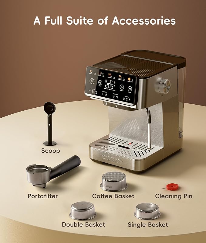 ecozy 4-in-1 Espresso Machine and Coffee Maker Combo with Milk Frother, Cold Brew & Over Ice, Interactive Touch Screen, Stainless Steel, Brezzano Elite Series for Cappuccinos, Lattes, Americanos