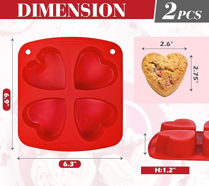 Webake Silicone Heart Mold 2.75" Heart Shaped Cake Pans, 4-Cavity Air Fryer Baking Pan Muffin Cupcake Mold for Baking, Soap, Egg Bites 2 Pack
