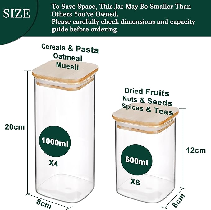 LIBWYS 12-Pack Square Glass Storage Jars with Bamboo Lids (0.6Qt/1.06Qt) - Stackable Food Containers for Pantry Organization, Coffee, Flour, Snacks, Tea | Kitchen Canisters Set