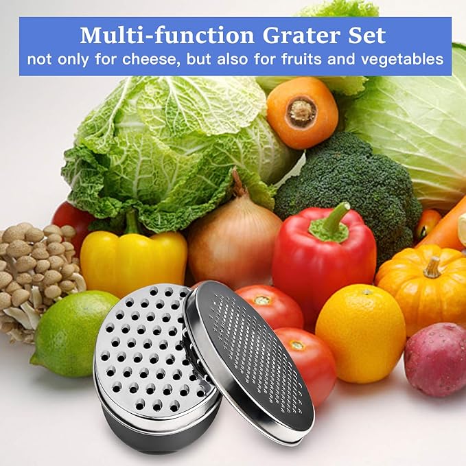 Black Compact Round Cheese Grater with Food Storage Container & Lid Grinder for Hard Parmesan, Ginger, Vegetables, Butter
