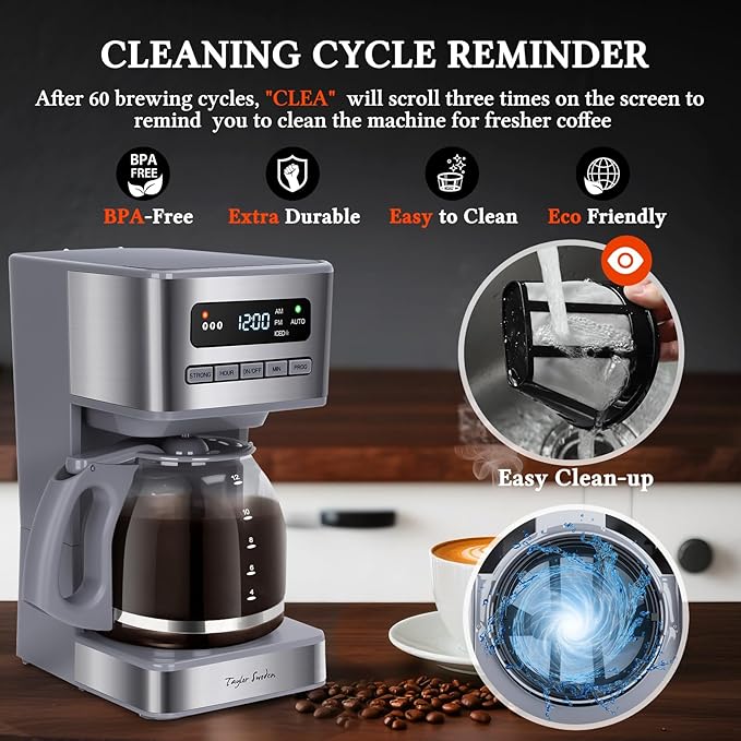 Taylor Swoden Programmable Coffee Makers 12 Cup, Hot and Iced Coffee Maker, 4 Brew Strength, LED Display, 24H Timer, Keep Warm&Auto Shutoff- Drip Coffee Machine for Home/Office, Gray & Stainless Steel