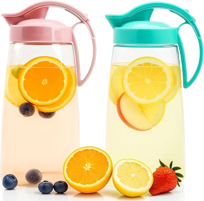 High Heat Resistant 2.3 QT One-touch Airtight Water Pitcher Set with Lid for Coffee, Tea, Other Hot or Cold Beverages Quickpour Jug, Leak Proof & Space Saving, Dishwasher Safe, Made in Japan (SET)