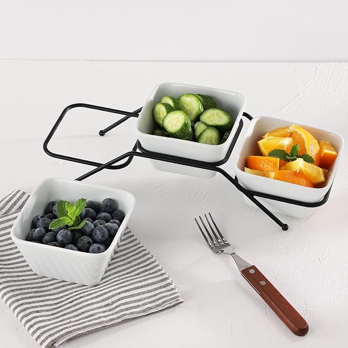 Buyajuju 3 pcs square bowl Porcelain Chip & Dip Serving Set with Black Metal Stand, 4.5inch White Small Serving Bowls for Side Dishes, Salsa, Appetizer, Serving Dishes for Entertaining 11.5 OZ