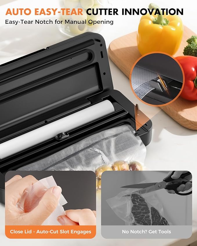 Vacuum Sealer for Food, 95kPa Food Saver Vacuum Sealer Machine, 135W Fast-Sealing with Easy Tear Cutter, Built-in Bag Storage